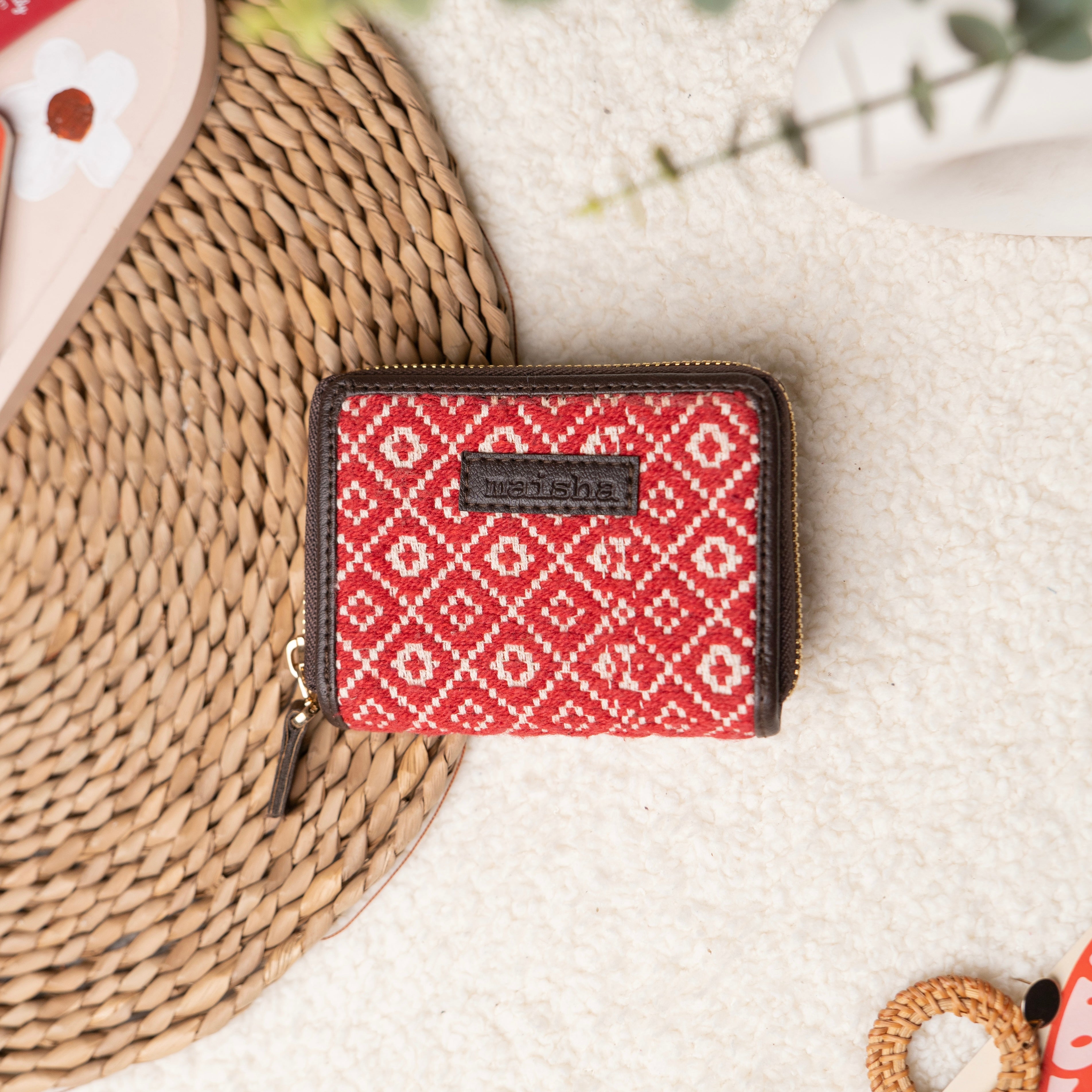 Crimson Weave Compact Wallet