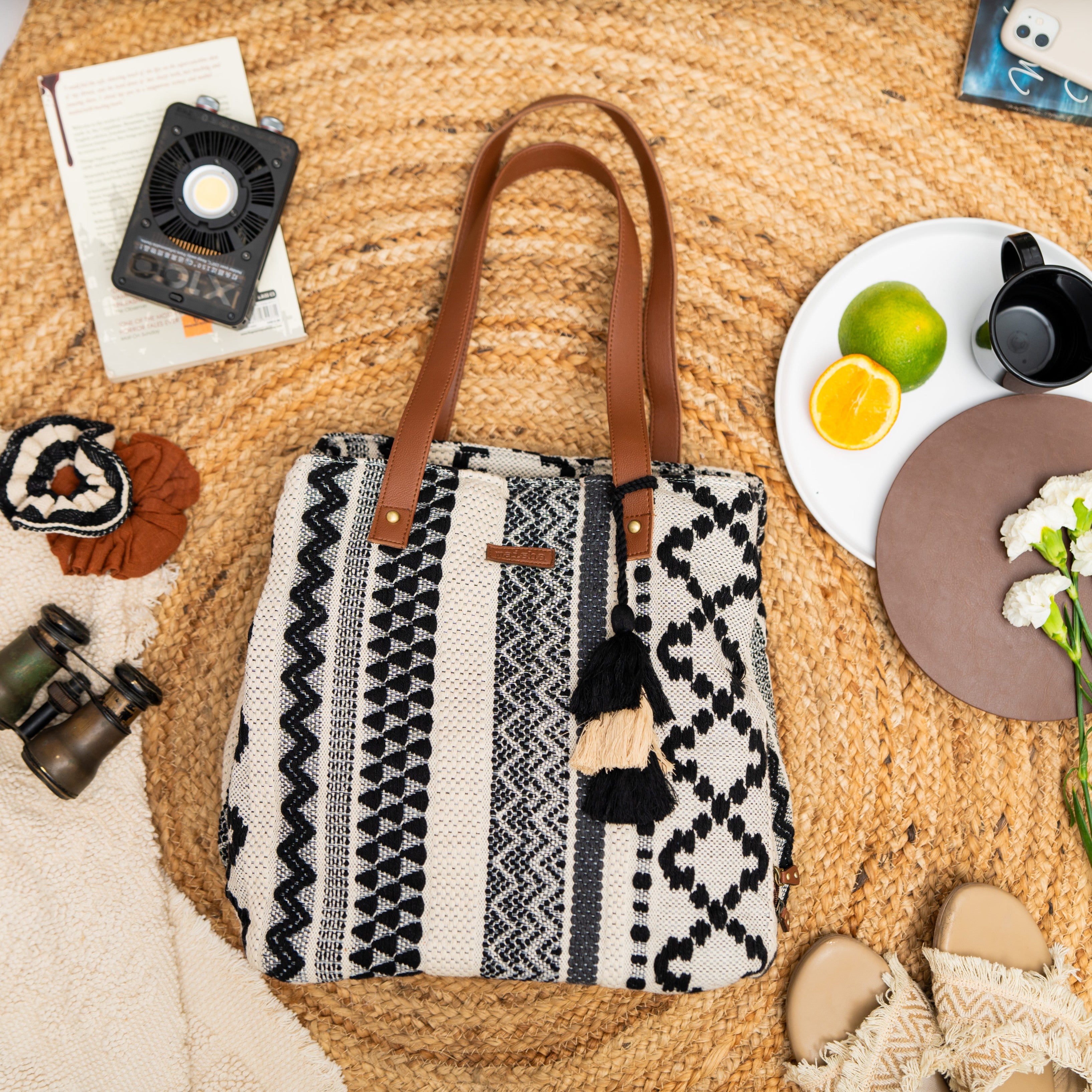 Chirpy Charcoal Three Pocket Jacquard Bag