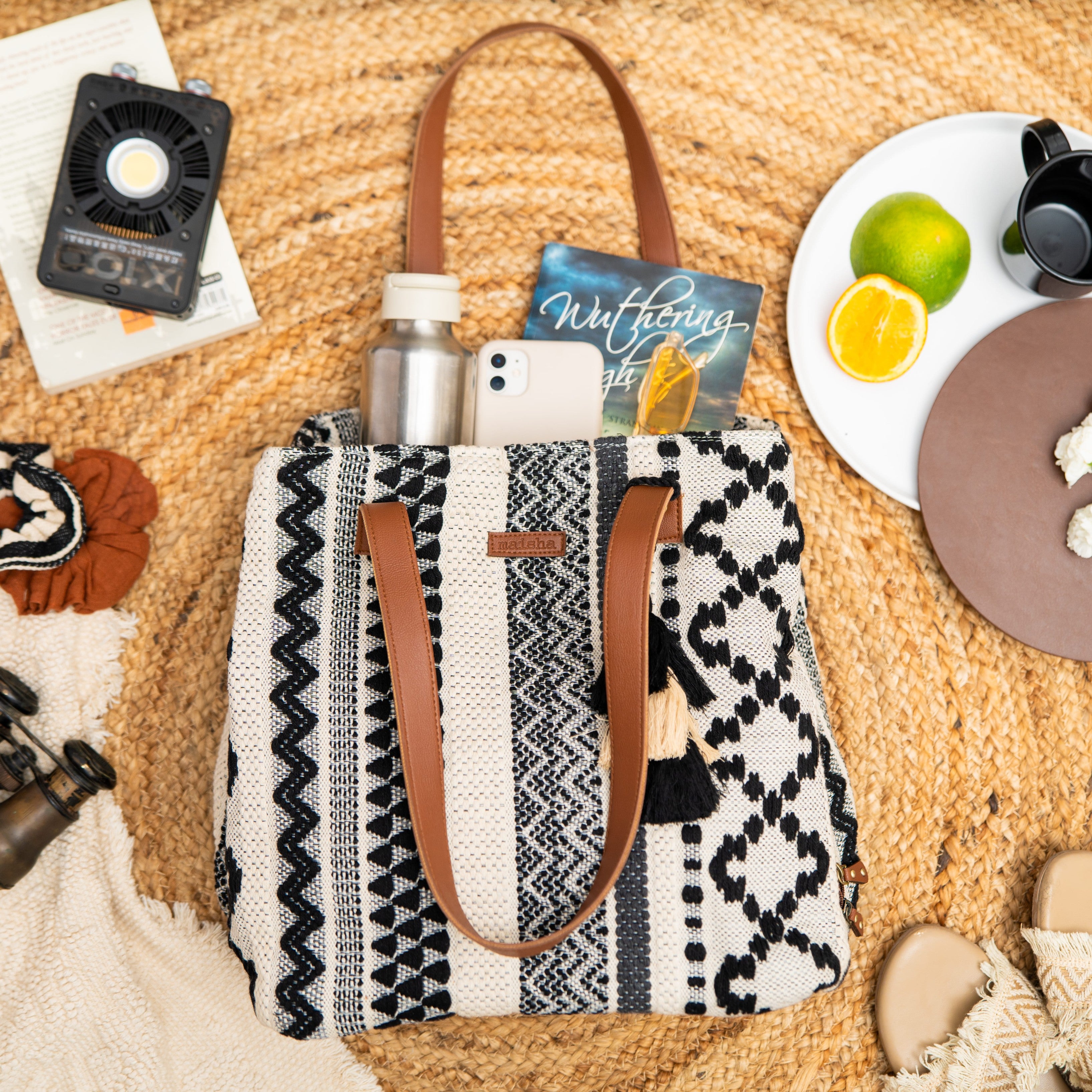 Chirpy Charcoal Three Pocket Jacquard Bag