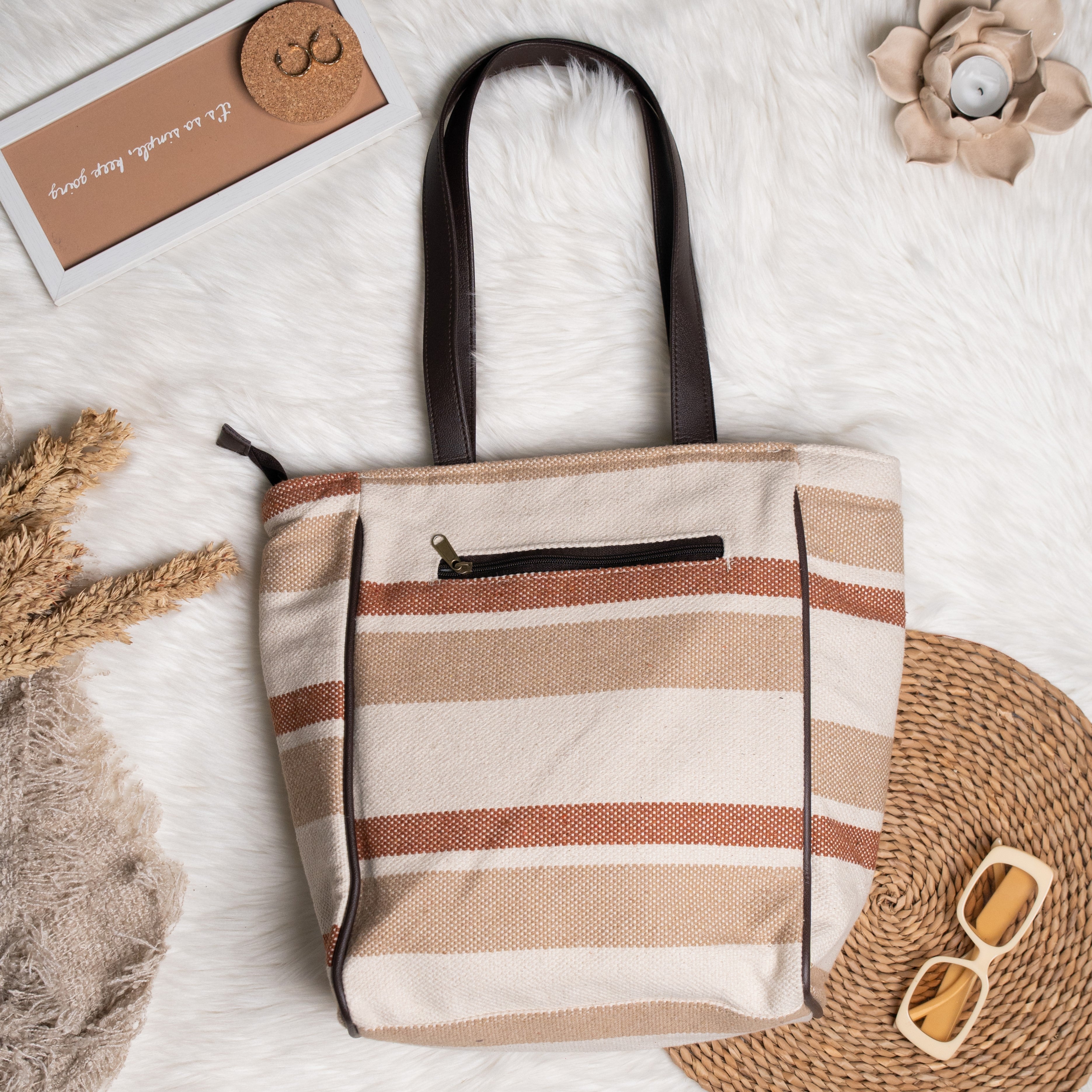 Vintage Brown Cotton Jacquard Tote Bag