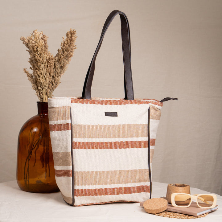 Vintage Brown Cotton Jacquard Tote Bag