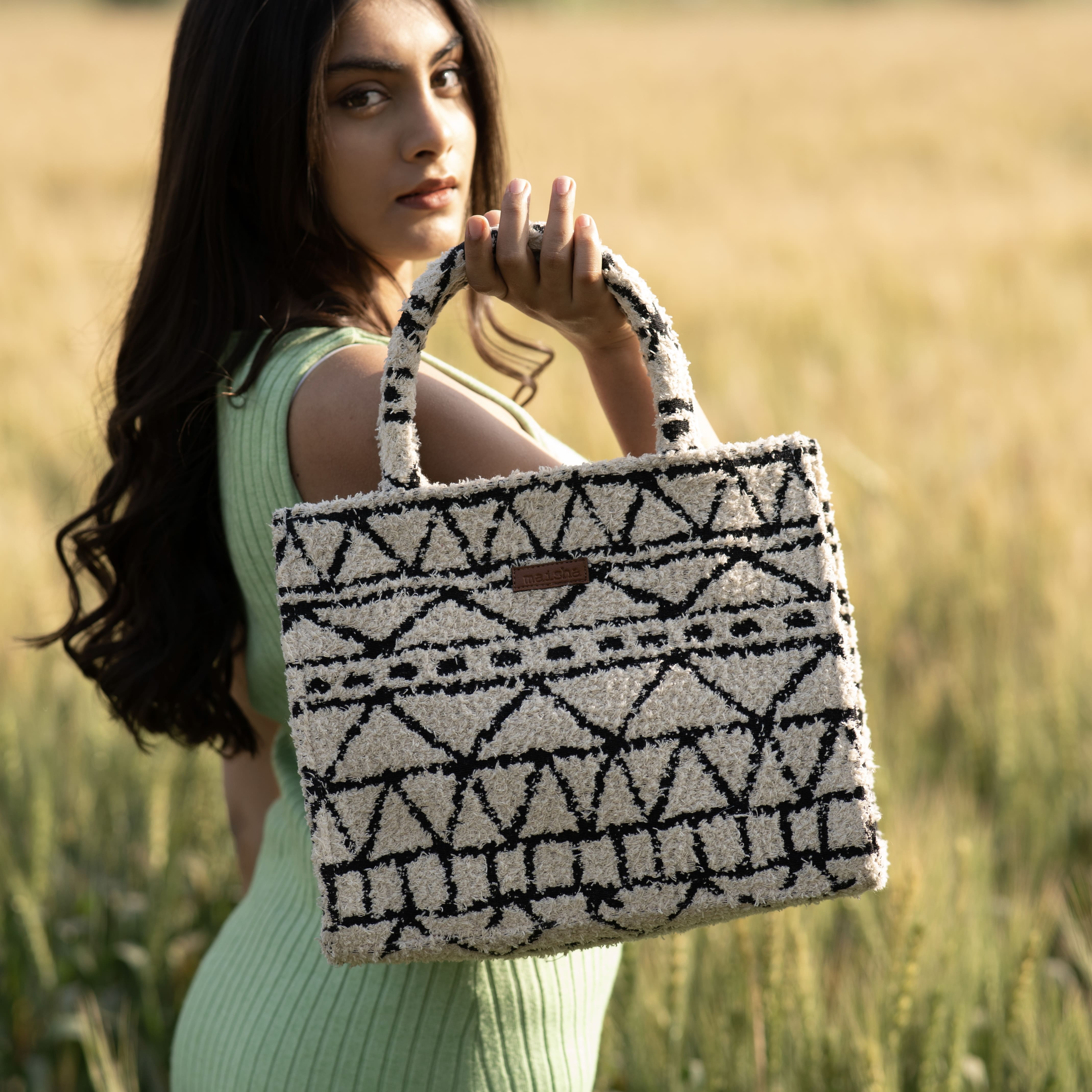 Buy Black And White Stripes Three Pocket Jacquard Bag Online - Maisha Lifestyle