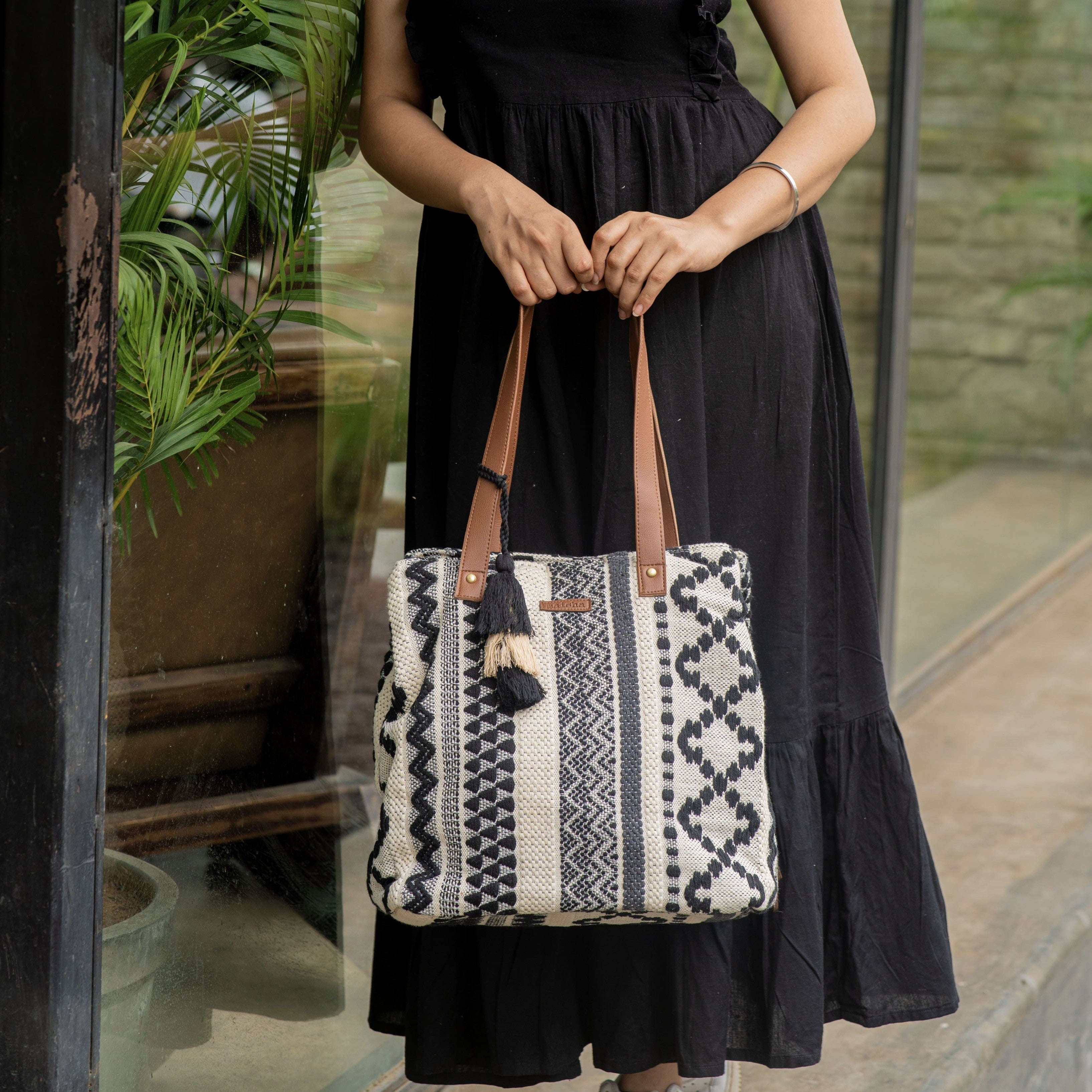 Chirpy Charcoal Three Pocket Jacquard Bag