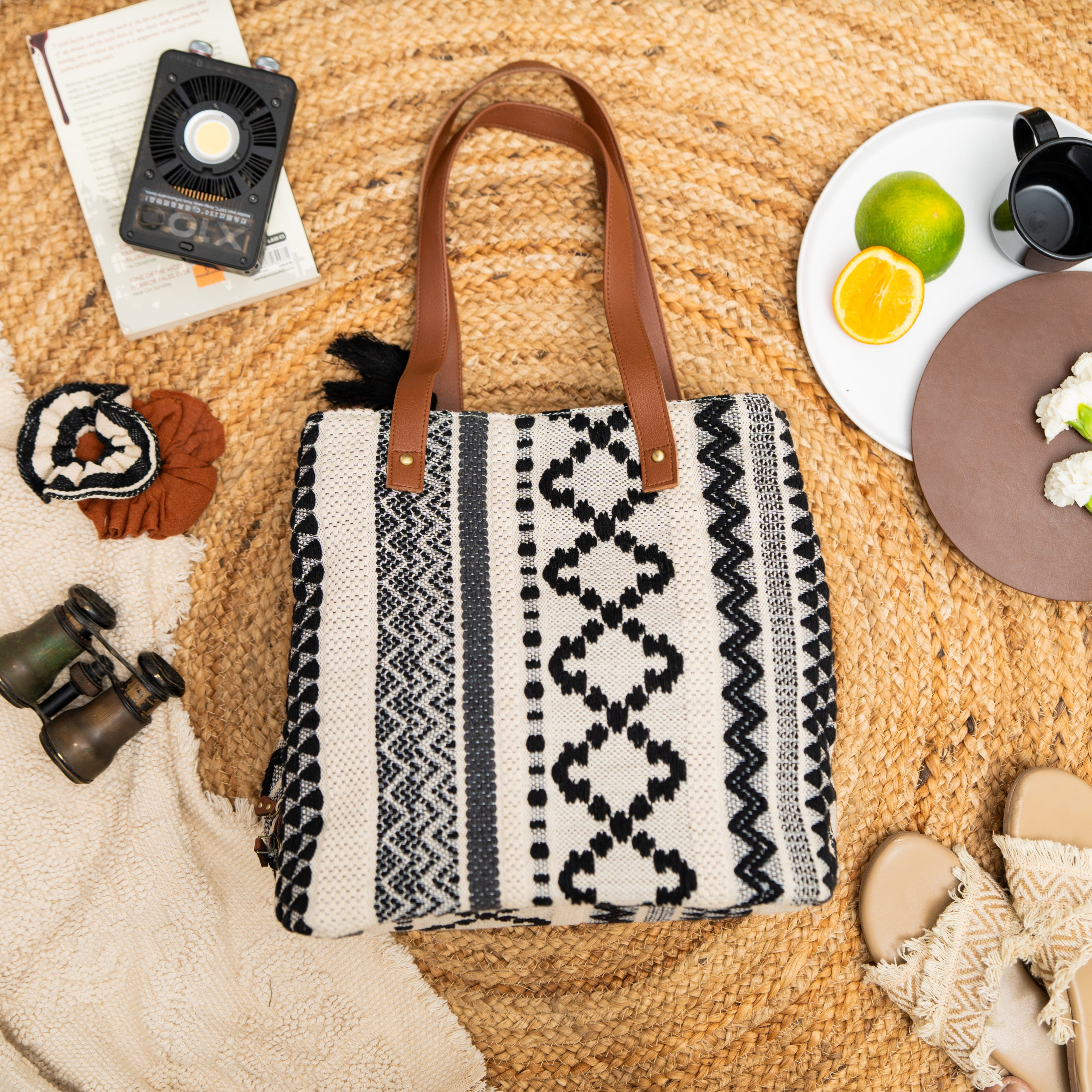 Chirpy Charcoal Three Pocket Jacquard Bag