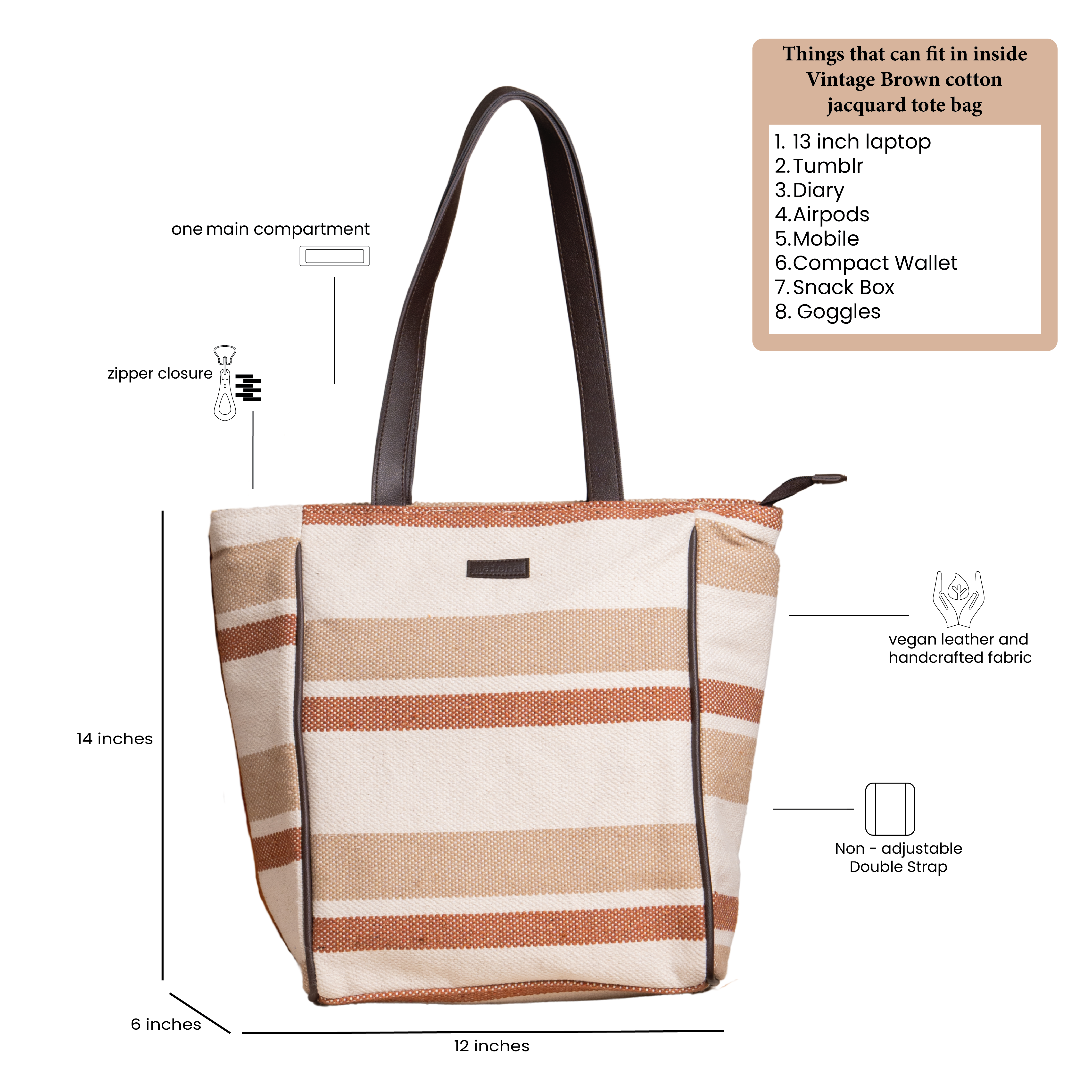 Vintage Brown Cotton Jacquard Tote Bag