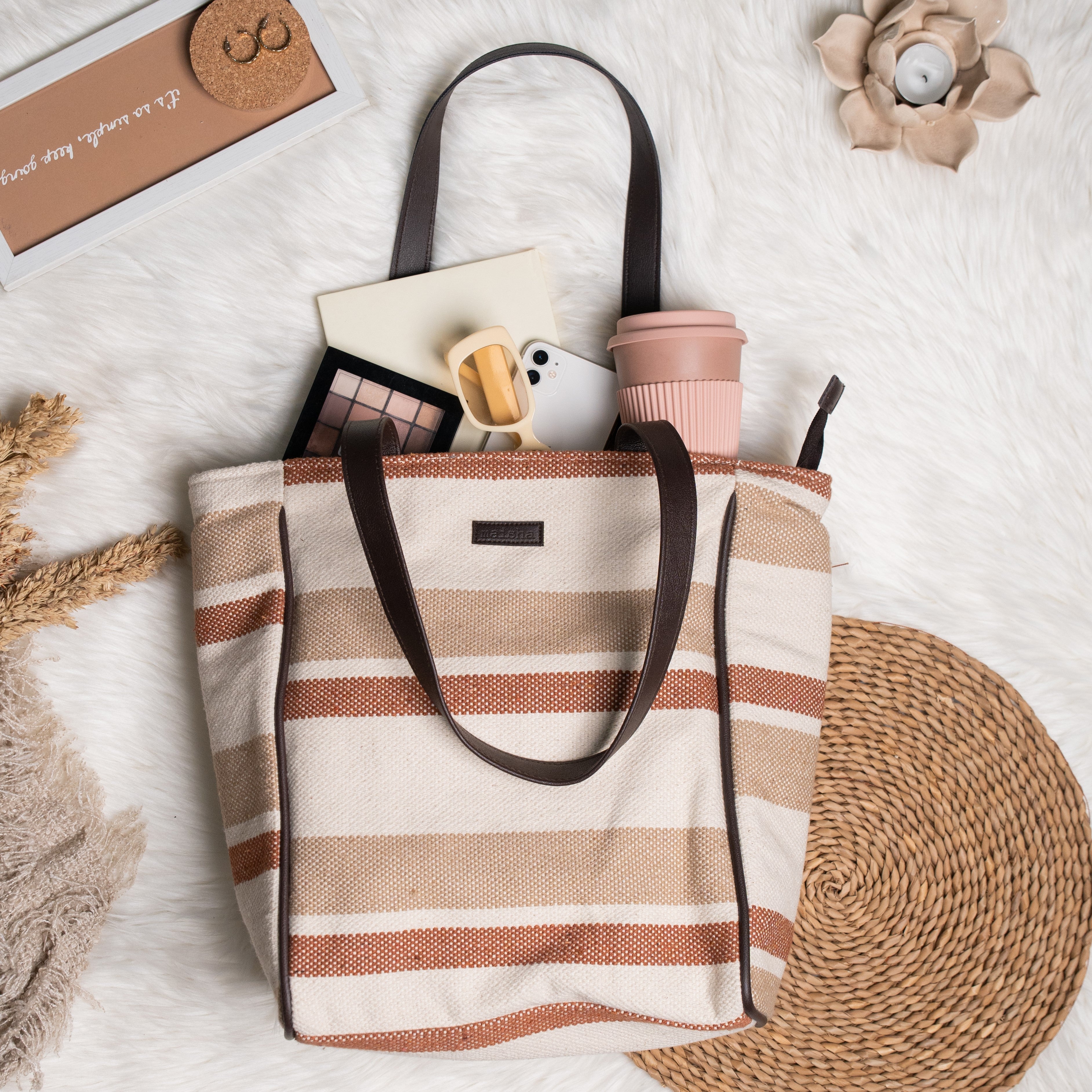 Vintage Brown Cotton Jacquard Tote Bag