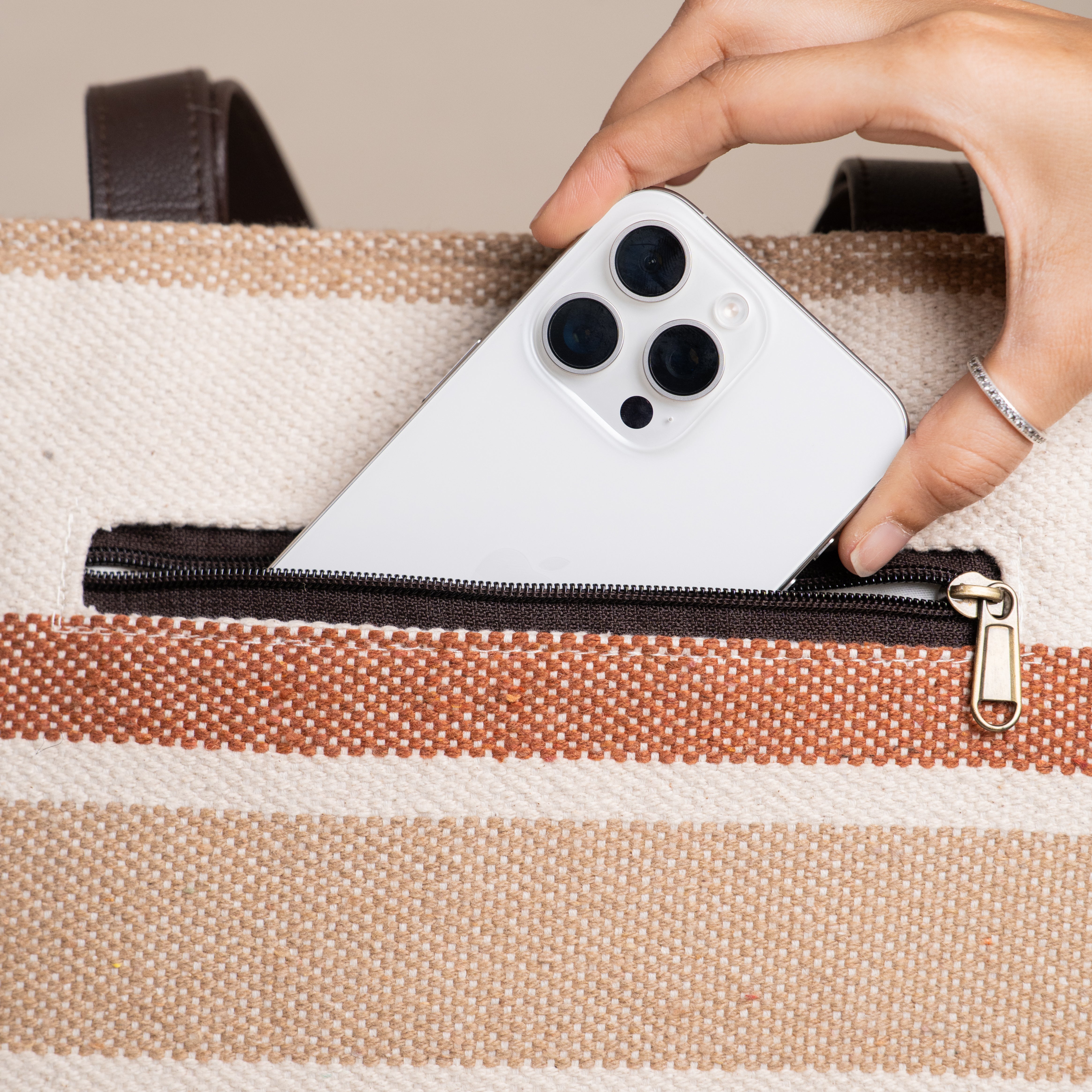 Vintage Brown Cotton Jacquard Tote Bag