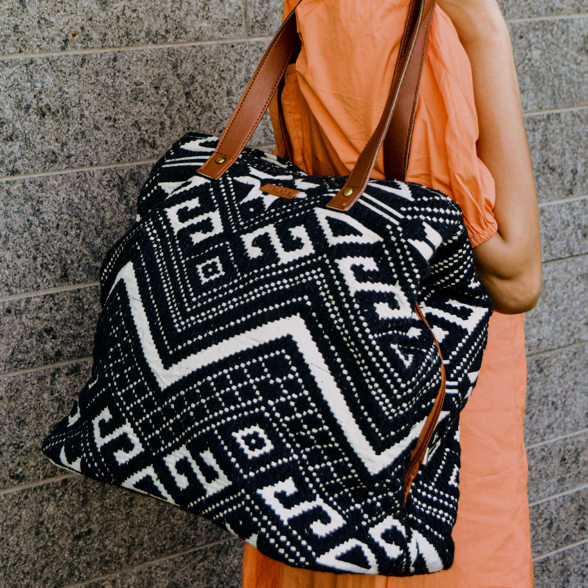 Black Aztec Three Pocket Jacquard Bag