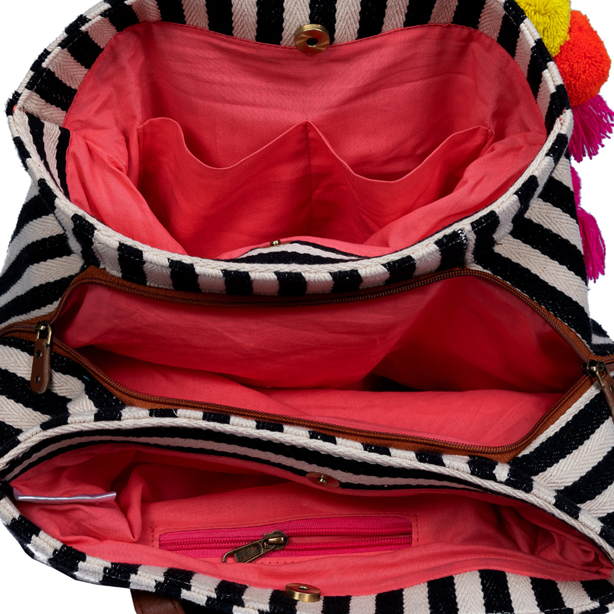 Black And White Stripes Three Pocket Jacquard Bag 