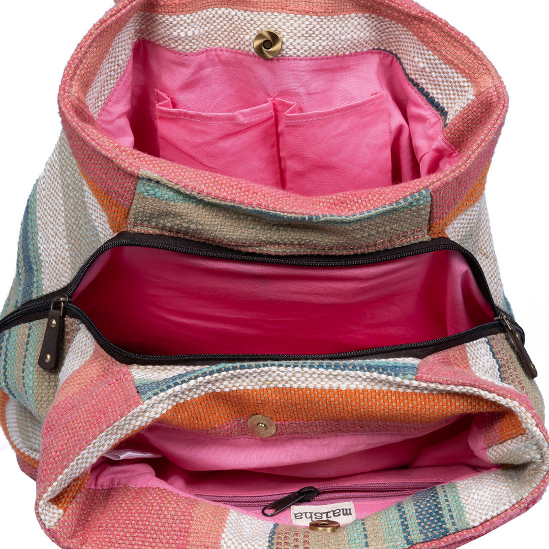 Peach Multi Colour Stripes Three Pocket Jacquard Bag